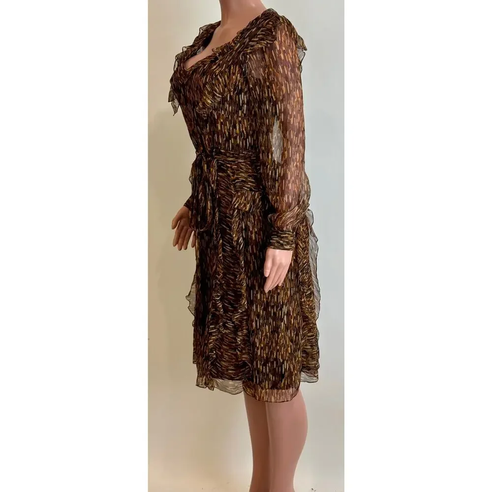 Carolina Herrera Dress Womens 6 Silk Animal Print Ruffle Tie Waist Knee Length - Picture 4 of 15